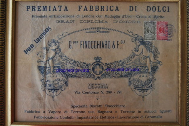 Esposizione universale di Londra 1862

Diploma della ditta Finocchiaro di Messina

che fabbricava torrone a uso Bagnara